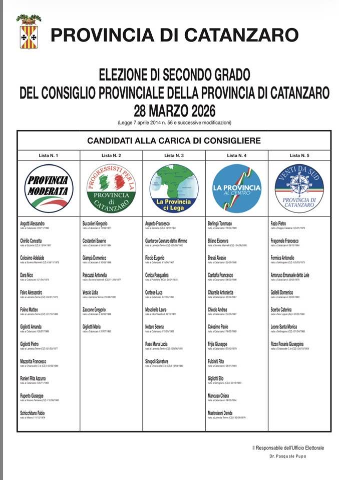 Elezioni provinciali Catanzaro 28 marzo 2026