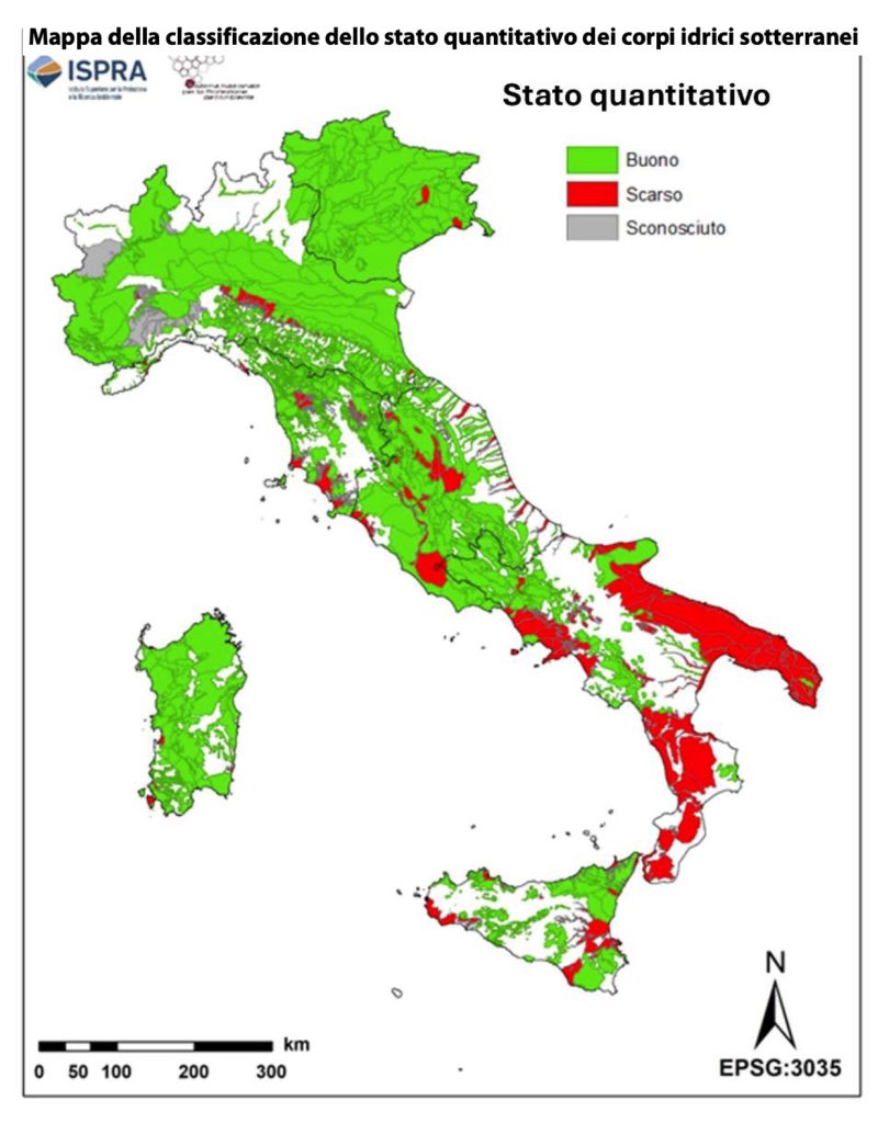 Mappa della classificazione dello stato quantitativo dei corpi idrici sotterranei ISPRA
